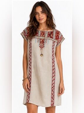 Johnny Was Ezra 100% Linen Embroidered Shift Tunic Dress Small Boho